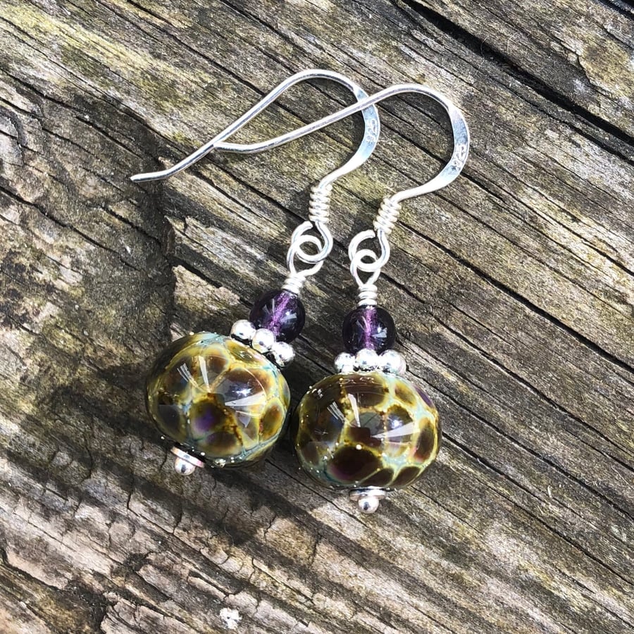 ‘Tortoise’ lampwork glass earrings. Sterling Silver 