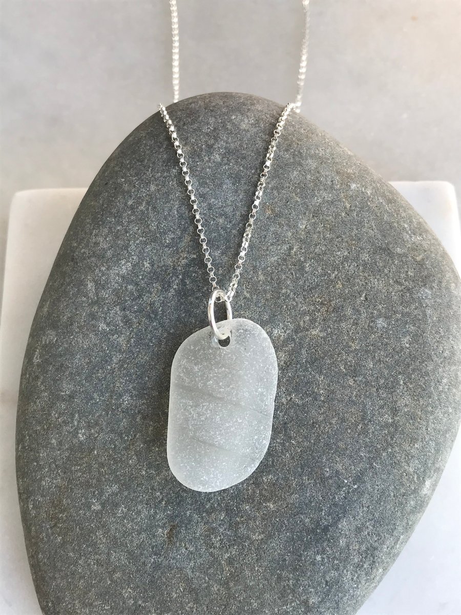 Devon sea glass white and sterling silver recycled necklace, sustainable eco