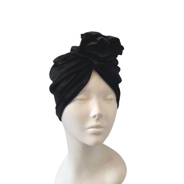 Velvet Turban Hat - Black Retro 1940s Style Head Wrap for Women Soft Comfy Hat