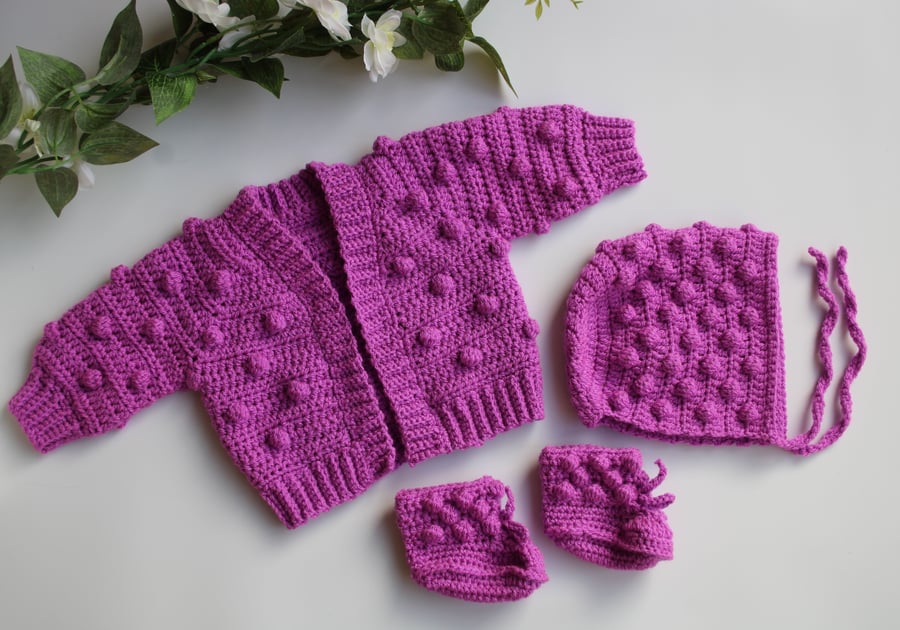 Baby Girl Cardigan Bonnet and Bootie Set - 0-3 Months - New Baby Gift Set