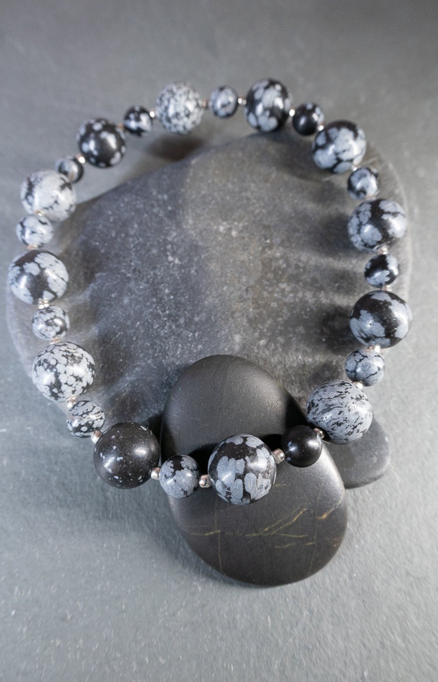 Bracelet Snowflake Obsidian and Sterling Silver Stretchy handmade