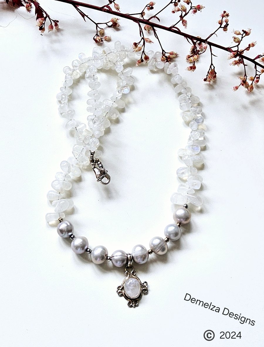 Sri Lankan Moonstone & Grey Freshwater Baroque Pearl Sterling Silver Necklace 