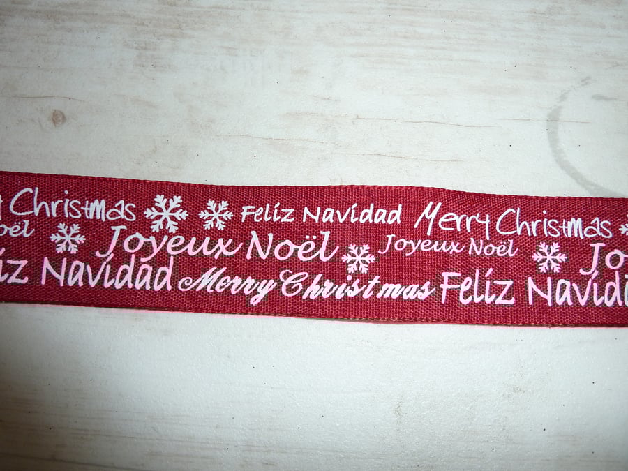1 Metre Wire Edged Christmas Ribbon 38mm Red Multi Lingual Merry Xmas 