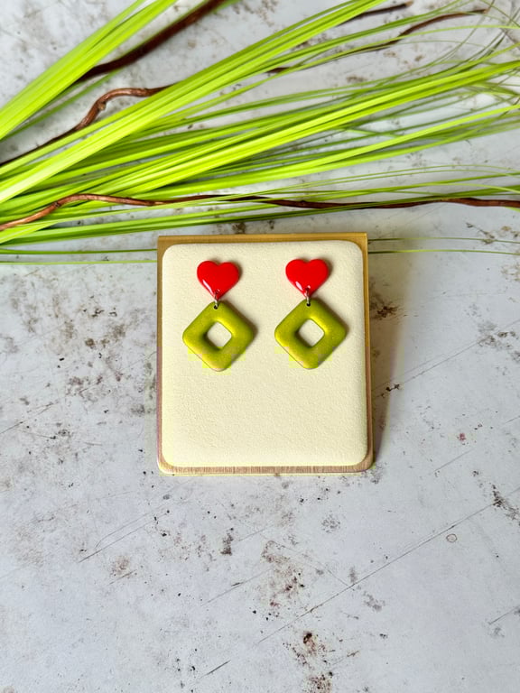 Red Heart and Lime Green Earrings