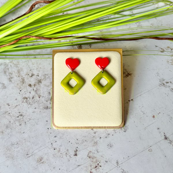 Red Heart and Lime Green Earrings