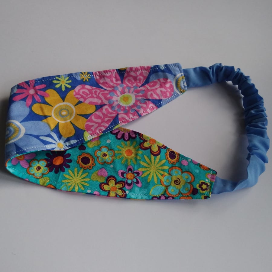 Blue Retro Floral Reversible Headband