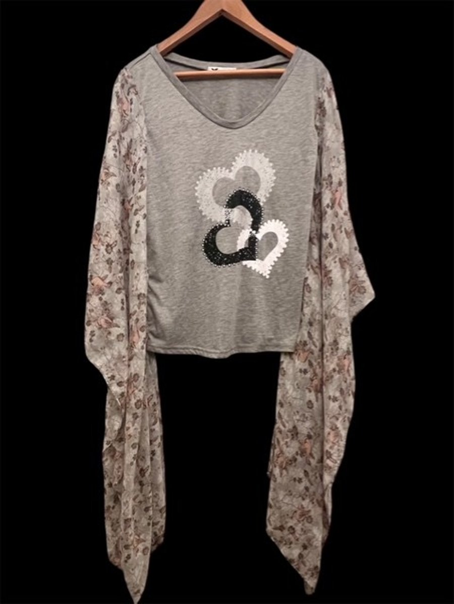Upcycled Boho Heart Themed Top with Flowing Scarf Sleeves Sustainable One of a K