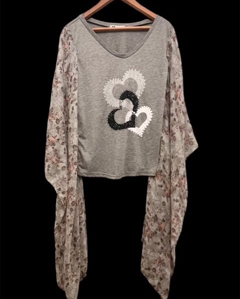 Upcycled Boho Heart Themed Top with Flowing Scarf Sleeves Sustainable One of a K