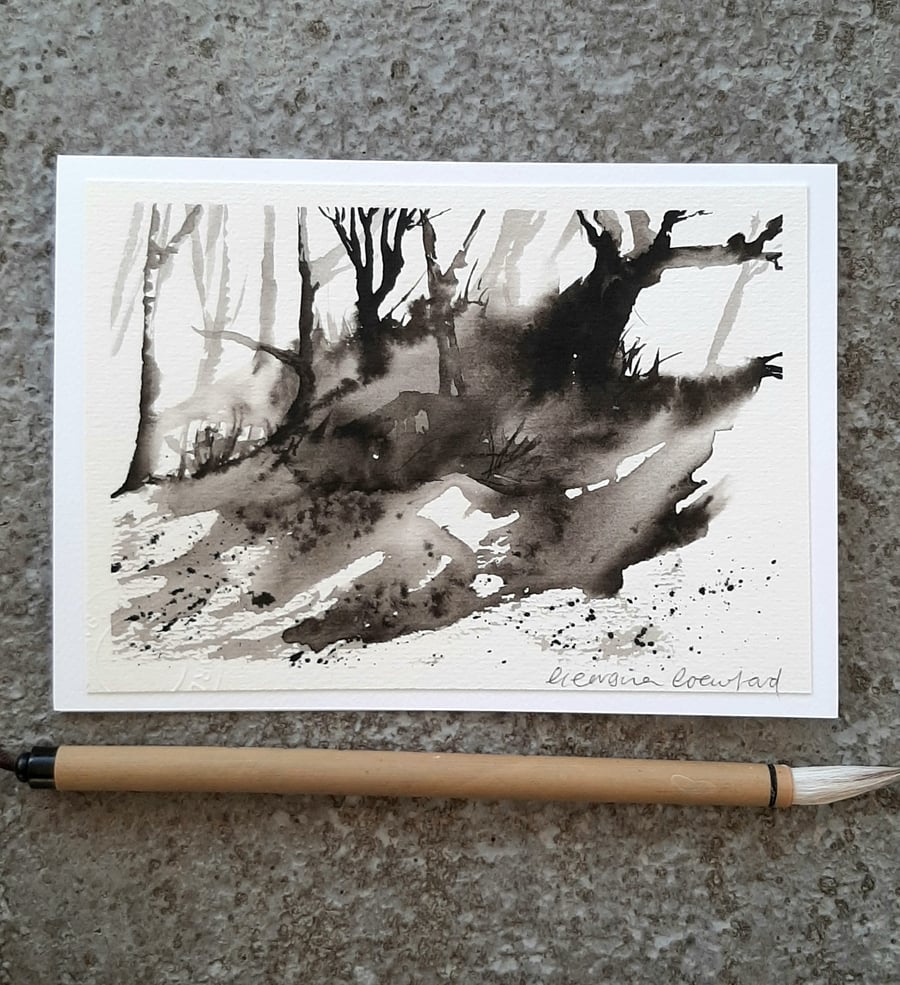 Black and White Abstract Trees Handpainted Card