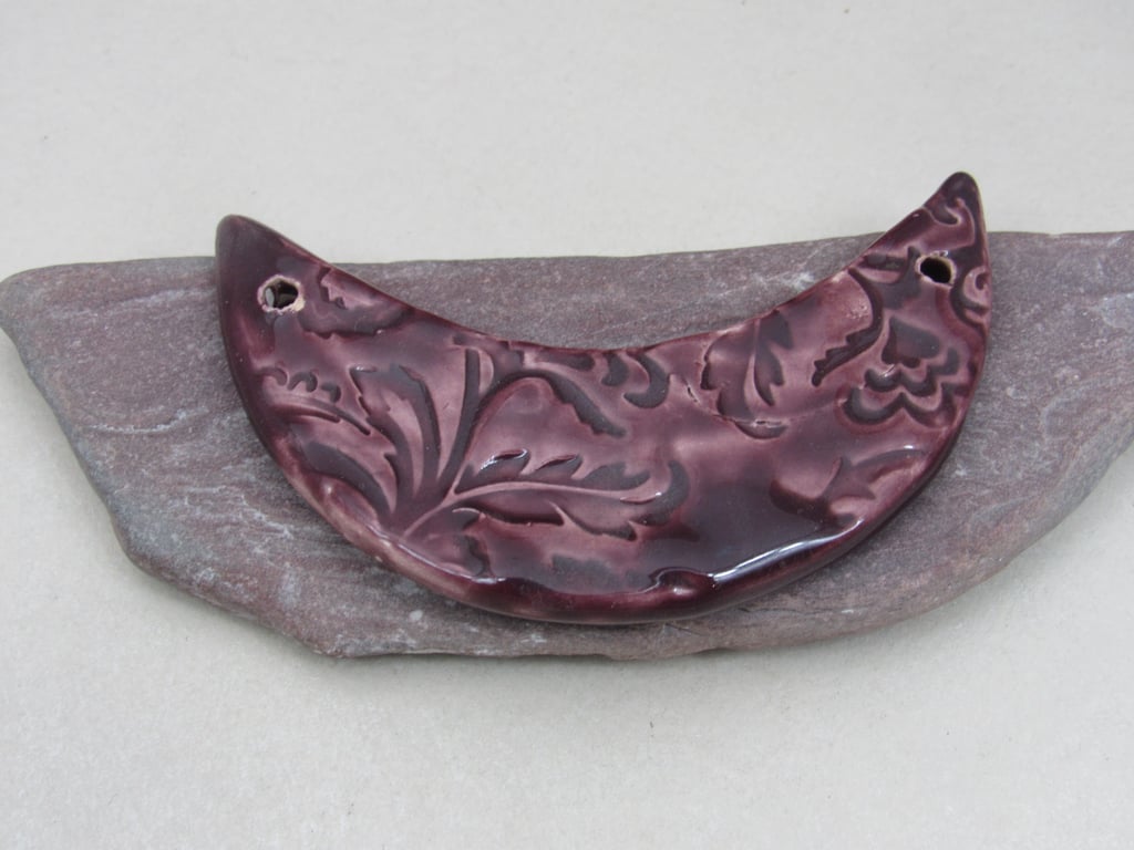 Aubergine Purple Brocade Ceramic Crescent Bib Pendant