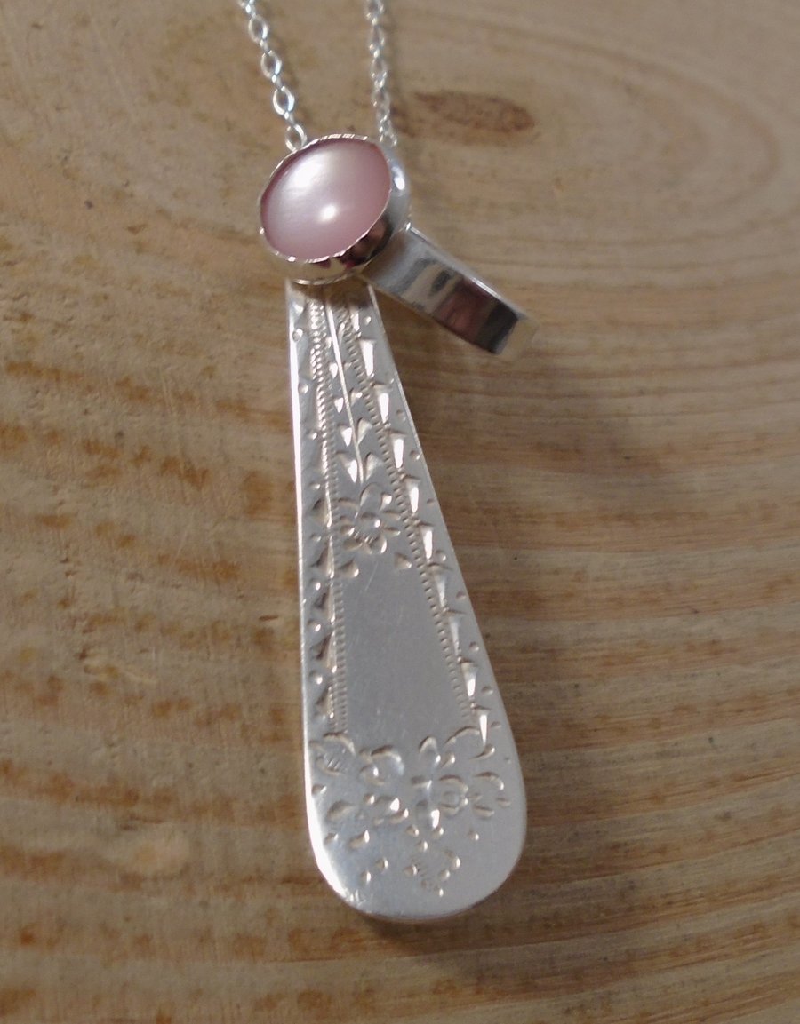 Sterling Silver Upcycled Bright Spoon Handle Necklace with Pink Mother Of Pearl