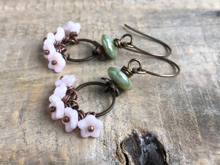 Bohemian Style Czech Glass Flower Earrings. Pink Floral Cluster Earrings. 