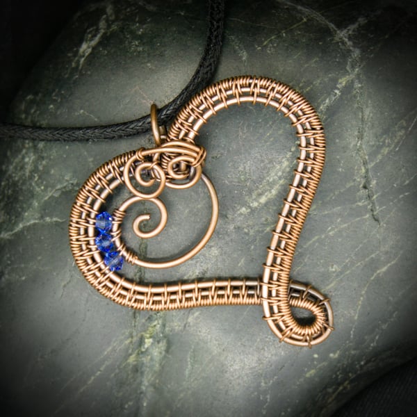 September Copper Heart Birthstone Pendant - Sapphire Crystal Beads