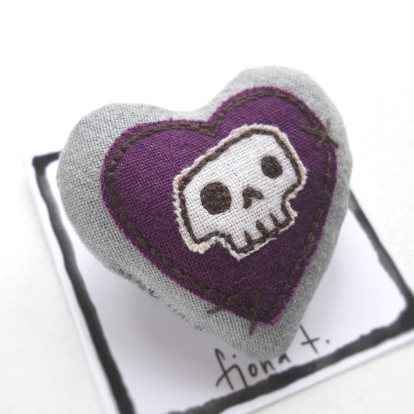 freehand embroidered skull heart textile brooch indigo purple
