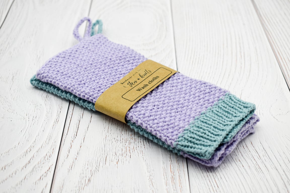 Hand knitted cotton wash cloths - 2 pack - L - Blue and purple