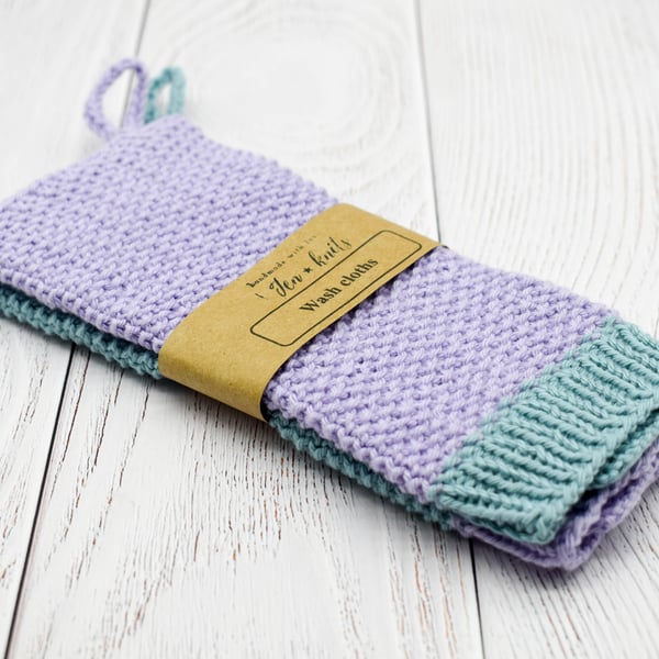 Hand knitted cotton wash cloths - 2 pack - L - Blue and purple