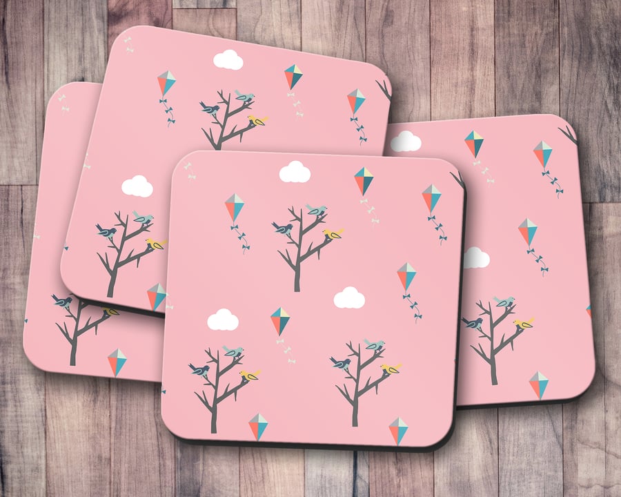 Set of 4 Pink Coasters with Trees, Birds and Kites Design , Drinks Mat