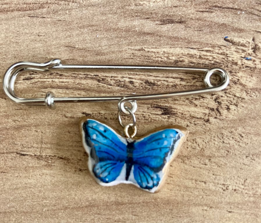 Blue Butterfly Charm Kilt Pin Brooch Handcrafted Hand Painted Jewellery 