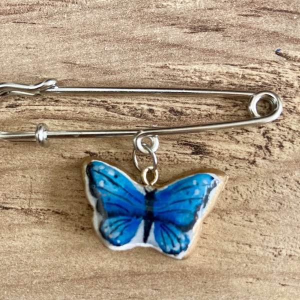 Blue Butterfly Charm Kilt Pin Brooch Handcrafted Hand Painted Jewellery 