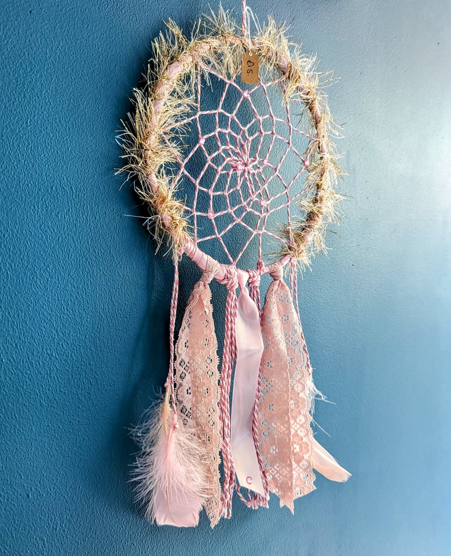 Pink Gold White Feather Dreamcatcher Hanging Decoration 