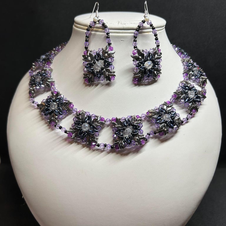 Twilight Seed Bead and Crystal Necklace and Earrings set, handmade jewellery
