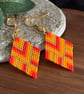 Colourful Geometric Orange and Gold Beadwork Diamond Earrings - Image 3