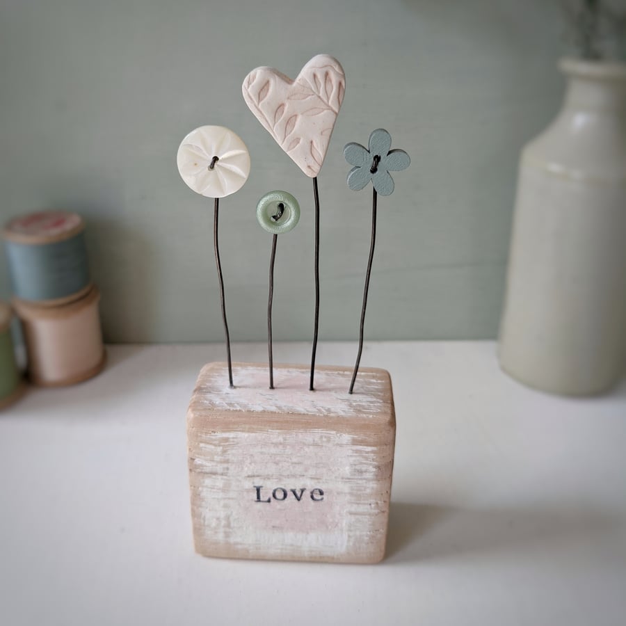 Clay Heart and Button Flowers in a Painted Wood Block 'Love'