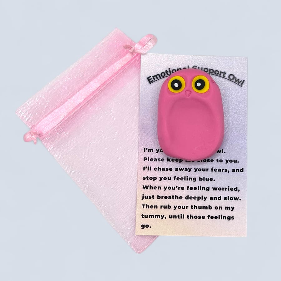 Handmade Pink Emotional Support Owl – Polymer Clay Worry Stone for Anxiety