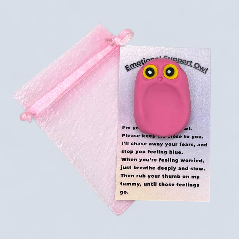 Handmade Pink Emotional Support Owl – Polymer Clay Worry Stone for Anxiety