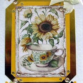 Sunflower Hand Crafted Decoupage Greeting Card - Blank for any Occasion (2564)