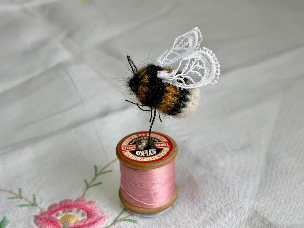 Mini Bobbinbee - Crochet Bee on a vintage wooden bobbin