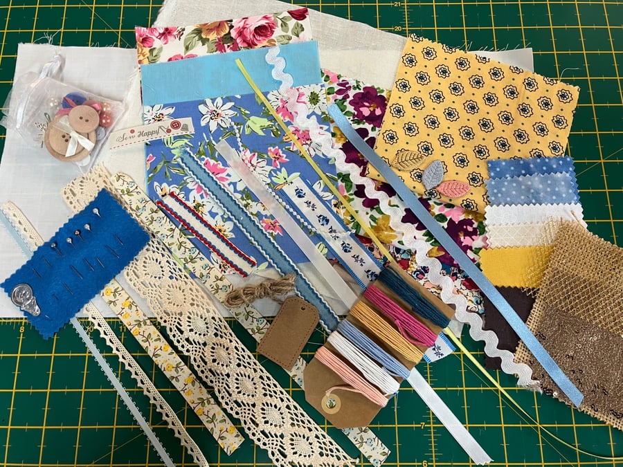 Image of Slow Stitching kit, mix textiles, fabric and trims 