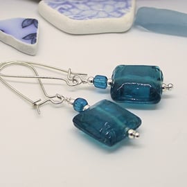 Square teal green glass earring vintage recycled sterling silver