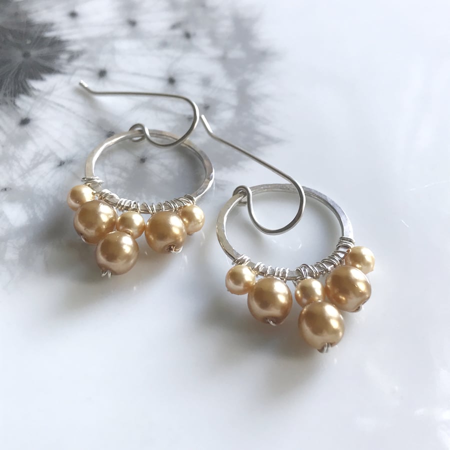Sterling silver gold pearl hoops, Statement earrings, Pearl Earrings