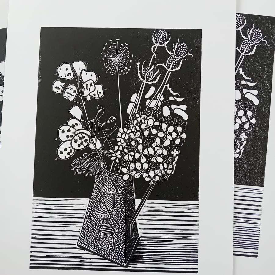 Perfectly Imperfect Linocut Print Hydrangea and Honesty Seedheads