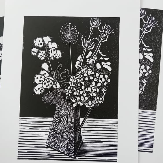 Perfectly Imperfect Linocut Print Hydrangea and Honesty Seedheads