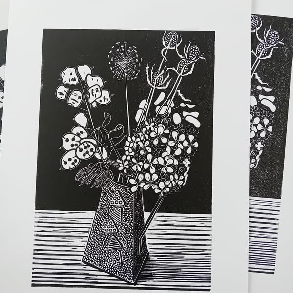 Perfectly Imperfect Linocut Print Hydrangea and Honesty Seedheads