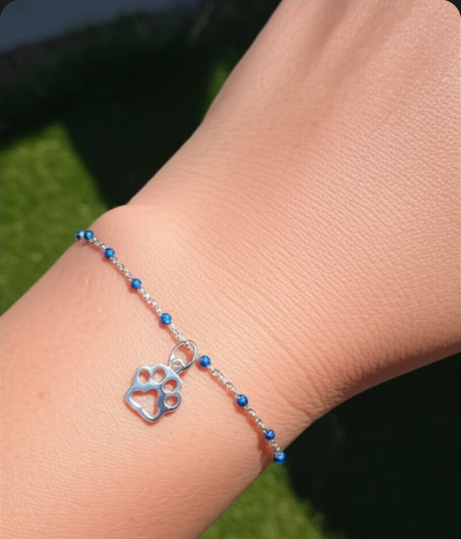 Kindred Spirit: Silver & Blue Enamel Paw Print Bracelet