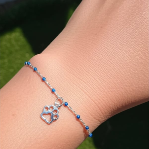 Kindred Spirit: Silver & Blue Enamel Paw Print Bracelet