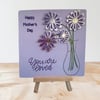 Mother’s Day card, vase of purple,  silver flowers, Perfectly imperfect floral.