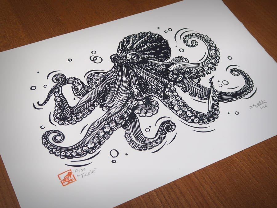 "Tickle" Octopus Original Linoprint