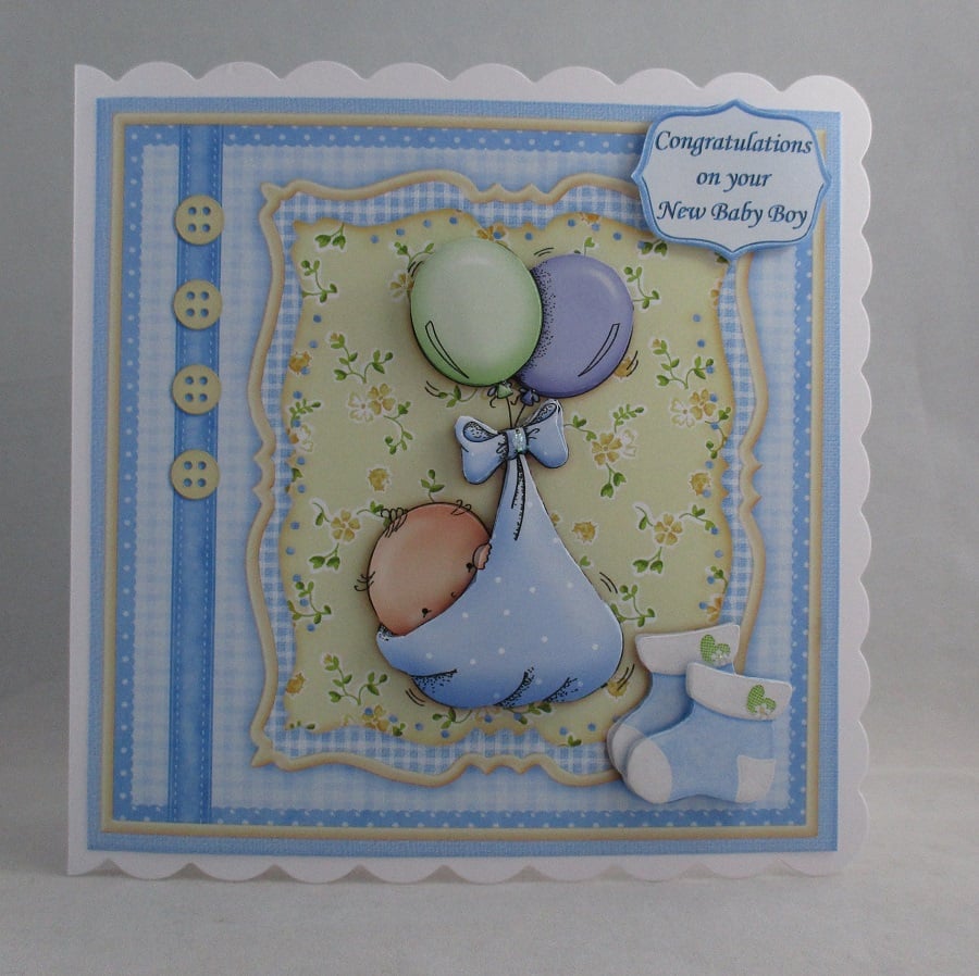 Handmade Decoupage,3D Baby Boy Greetings Card, Personalise,