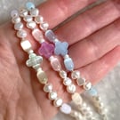 Pearl & Selenite Gemstone Four Leaf Clover Silver Bracelet: Heart Chain Extender