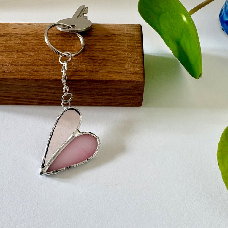 Rose pink heart stained glass key ring, Heart charm, valentines gift for her