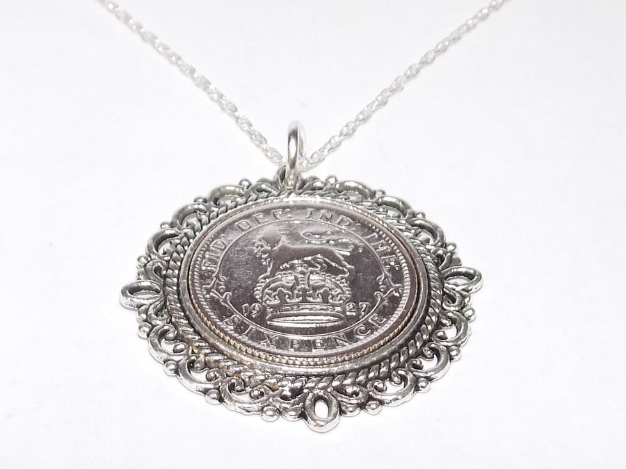 Fancy Pendant 1927 Lucky sixpence 94th Birthday plus a Sterling Silver 18in Chai