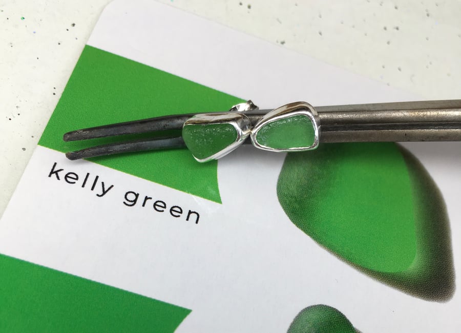 Welsh Handmade Green Sea Glass and Silver Stud Earrings