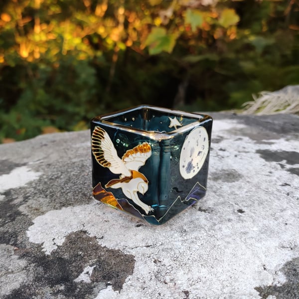 Hand painted candle holder barn owl and moon