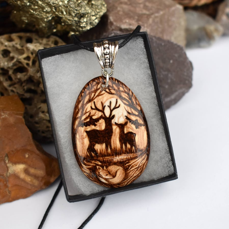 Woodland friends. Pyrography teardrop wood pendant of fox, stag, deer and owl.