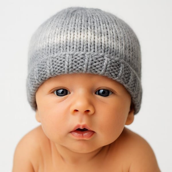 Grey and White Ombre Baby Hat 0-3 Months, Hand Knitted Gender Neutral Beanie