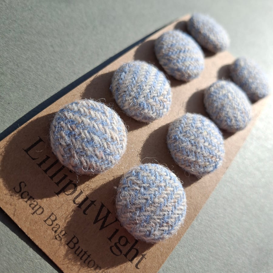 Set of eight scrap bag buttons - baby blue and oatmeal Harris Tweed